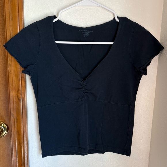 Brandy Melville Navy V Neck Cinched T Shirt - Picture 1 of 3